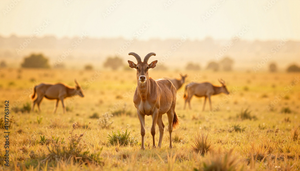 Hartebeest standing vigilant on savannah at dawn, wildlife awareness Hartebeest standing vigilant on savannah at dawn, wildlife awareness
