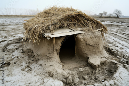 Traditional mud hut exhibits significant erosion in rural landscape during overcast weather photo