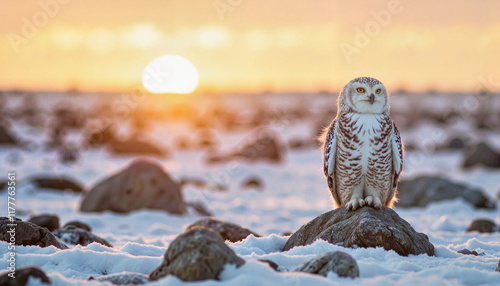 Snowy owl perched on rock at sunset, Arctic wildlife tranquility photo