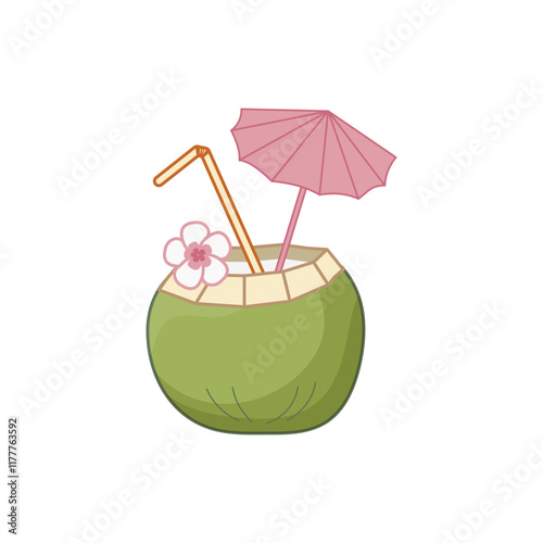 Refreshing tropical drink served in coconut with colorful umbrella and straw for summer enjoyment. Isolated vector illustration.
