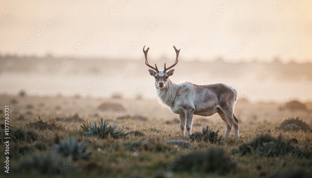 Fototapeta premium Majestic reindeer standing in misty Arctic field at dawn, ethereal beauty