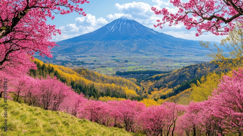 Mount Iwaki framed by cherry blossoms in spring. Mount Iwaki framed by cherry blossoms in spring.