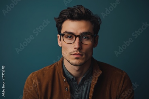 Stylish Young Man with Glasses Posing Against a Blue Background