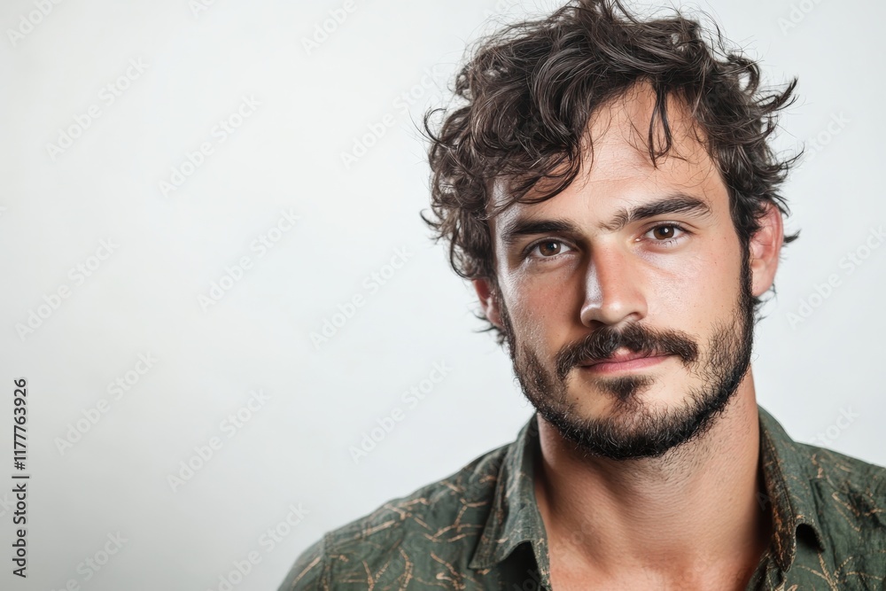 Obraz premium Portrait of a Confident Young Man with Curly Hair and a Beard Against a Neutral Background