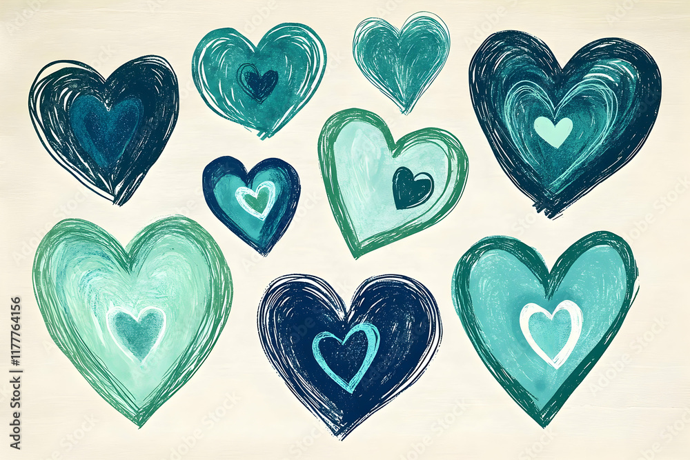 A collection of hand-drawn hearts in shades of blue and green, each one unique in shape, isolated on a clean background, showcasing various expressions of love and care. A collection of hand-drawn hearts in shades of blue and green, each one unique in shape, isolated on a clean background, showcasing various expressions of love and care.