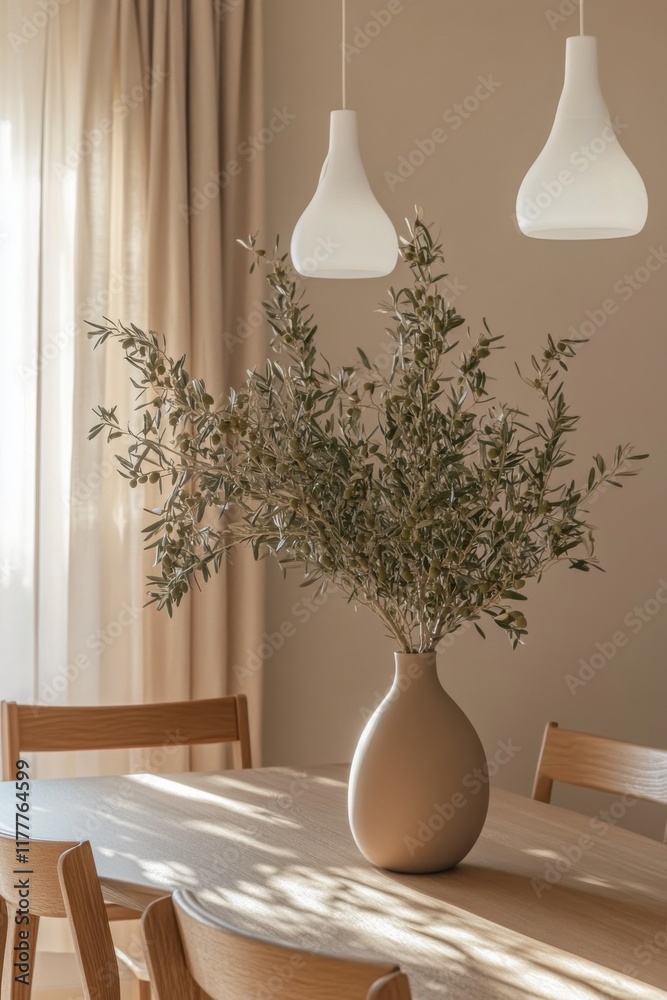 Fototapeta premium Natural light enhances a stylish dining area featuring a minimalist wooden table, elegant pendant lights, and a striking olive branch arrangement in a neutral-toned vase