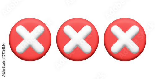 Realistic set of red check mark 3d. Red cross. Wrong. Render trendy icon. Symbol sign. Vector. Textbox and checkbox. Frame vote. Button. No. False and reject. Incorrect. Transparent. Plastic