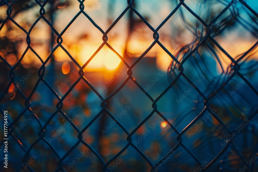 Chain link fence is casting shadows during a beautiful sunset Chain link fence is casting shadows during a beautiful sunset