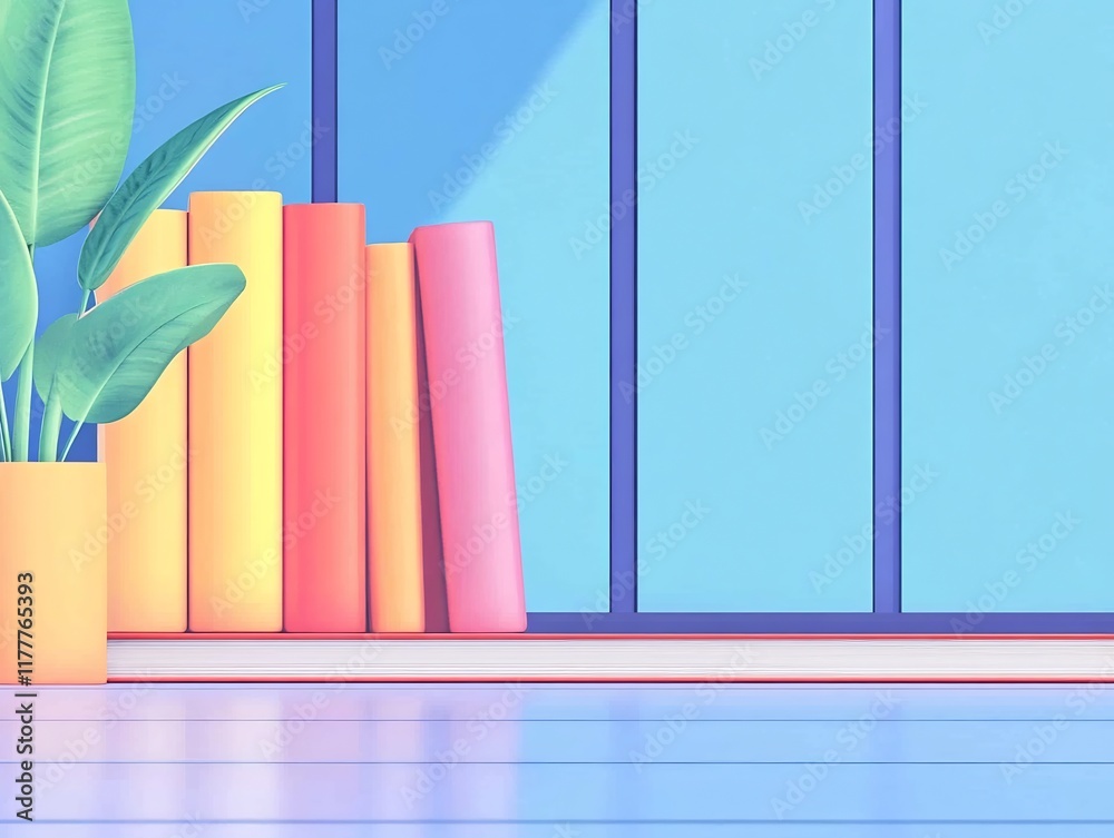 Obraz premium Vibrant 3D Render: Colorful Books Resting Calmly by Sunny Window. AI Generated