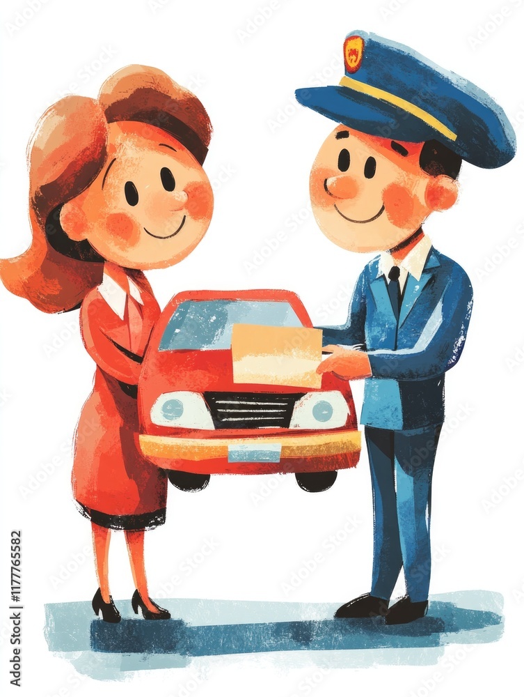 Obraz premium Illustration of a smiling woman receiving car keys from a uniformed officer, friendly and professional style, vibrant colors, ideal for car rental or dealership posters..
