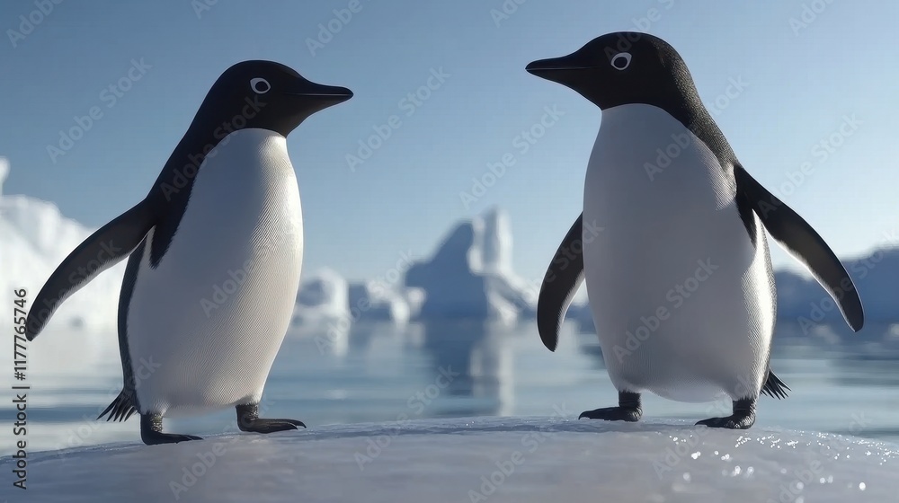 Fototapeta premium Two Penguins on Ice in a Frozen Landscape