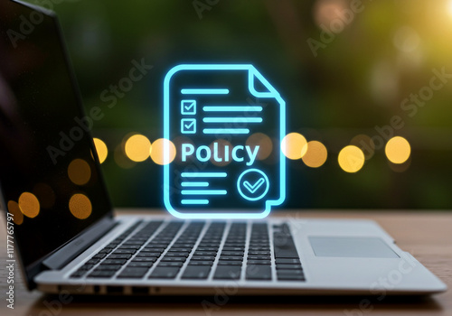 Bright background of digital policy document icon displayed over a laptop screen concept, symbolizing online compliance, data protection, and business guidelines for modern work environments.