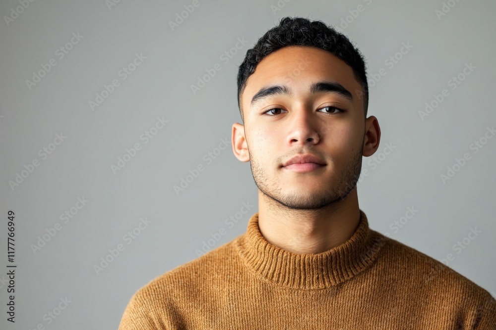 Fototapeta premium Confident Young Man in Cozy Sweater Against Neutral Background