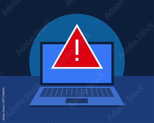 Cyber attack warning or hacking alert. Red warning sign in front of a laptop screen with dark blue background. Simplified vector illustration.