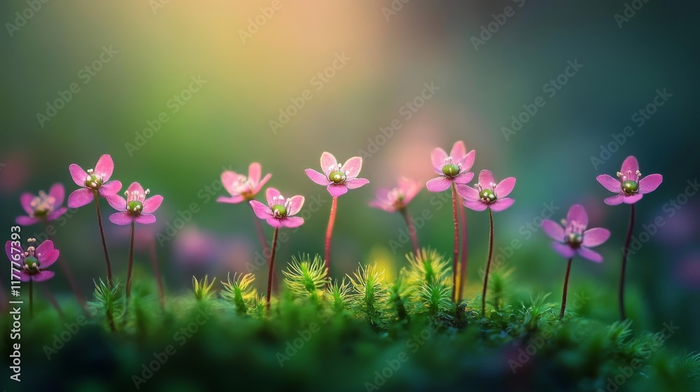 Obraz premium Delicate Pink Flowers Blooming in Lush Green Moss