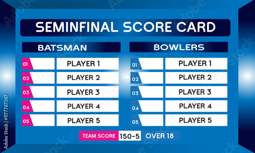 Cricket semi final scorecard game leaderboard with abstract background vector
