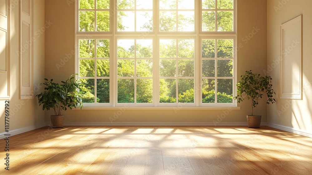 Fototapeta premium A simple room bathed in warm sunlight, creating a tranquil atmosphere. Light wood floors and neutral walls combine with geometric shadows cast by the large window to evoke a sense of coziness. 