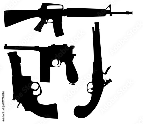 Weapons silhouette set. Collection of various realistic firearms. Isolated assult rifles, sniper rifles, shotguns, handguns, machine guns, historical guns and other. Vector illustration.
