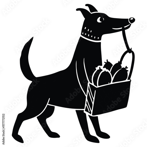 A dog is returning from the market with a bag