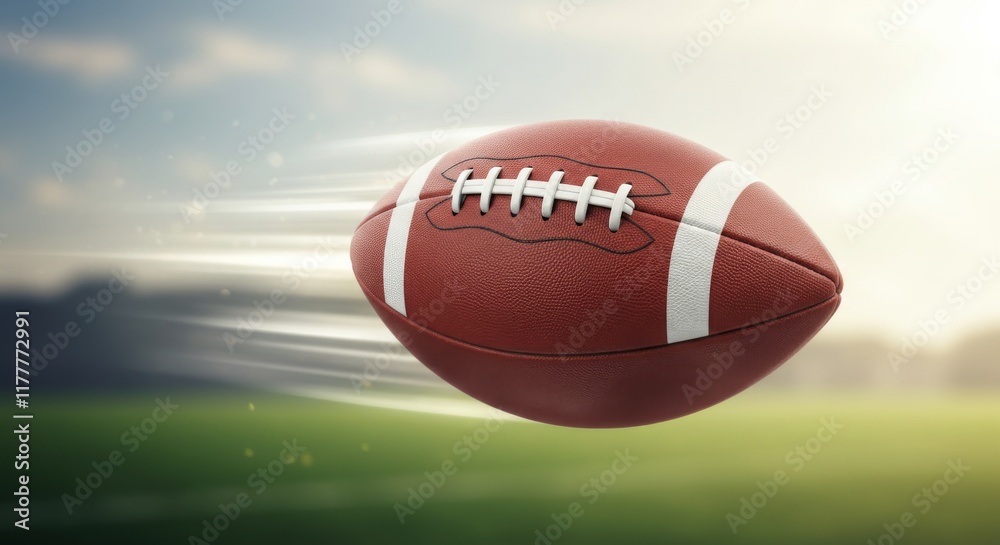 Football flying through the air, thrown ball, green grass turf, football game, pigskin, sport Football flying through the air, thrown ball, green grass turf, football game, pigskin, sport