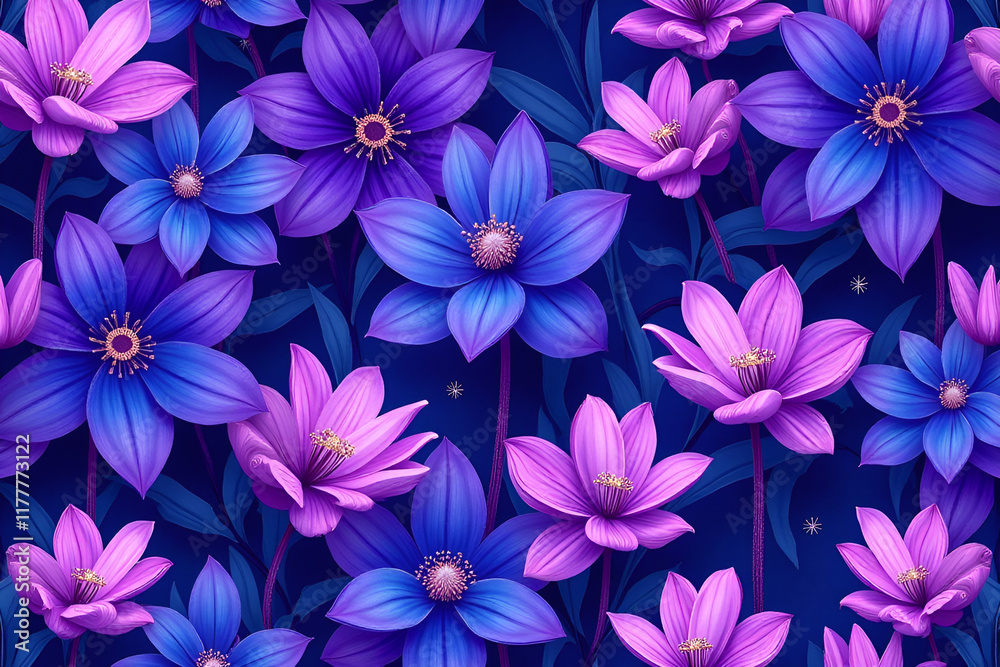 Fototapeta premium Seamless abstract beautiful purple and blue magical flowers pattern background
