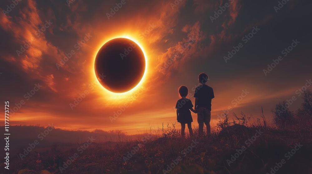 Fototapeta premium Brother and sister hold hands while watching a solar eclipse from a hilltop at twilight
