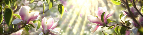 A vibrant garden scene with blossoming magnolia flowers, pink and white petals catching sunlight, fresh green leaves framing the image, an aura of spring freshness 