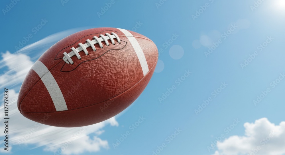 Football flying through the air, thrown ball, blue sky and clouds, football game, pigskin, sport