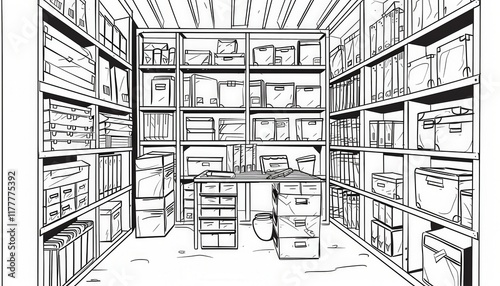 A monochrome drawing of a storeroom or archive filled with shelves, boxes, files, and a desk. Ideal for coloring pages, educational materials, or illustrations about organization.