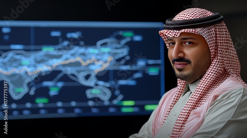 Arab Businessman Confidently Posing Before Global Market Data Screen photo