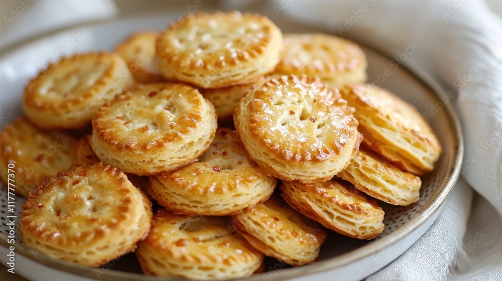 Freshly Baked Buttery Golden Biscuits with Flaky Texture on a Rustic Plate Freshly Baked Buttery Golden Biscuits with Flaky Texture on a Rustic Plate