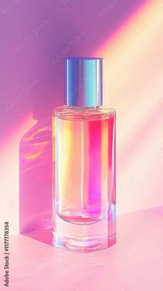 Vibrant fragrance bottle reflecting light in a colorful atmosphere at sunset. Generative AI Vibrant fragrance bottle reflecting light in a colorful atmosphere at sunset. Generative AI