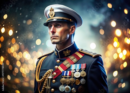Dramatic lighting illuminates a photorealistic portrait; a military officer in formal wear, medals and insignia double-exposed for impact.
