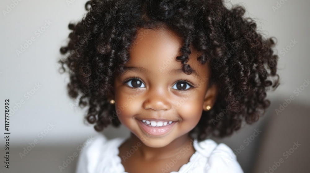 Joyful young girl with curly hair smiles brightly in cozy indoor setting, radiating happiness and innocence. Generative AI Joyful young girl with curly hair smiles brightly in cozy indoor setting, radiating happiness and innocence. Generative AI