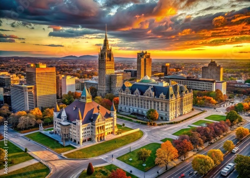 Dusk settles over Albany, NY; a breathtaking aerial view of the Capitol and Plaza (October 2017). photo