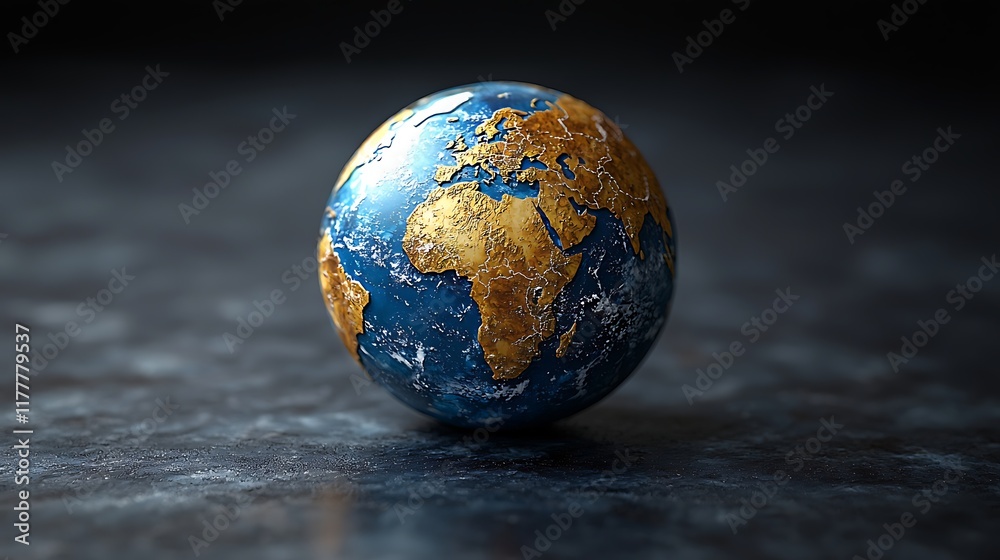 Fototapeta premium Golden Earth Globe on Dark Surface.