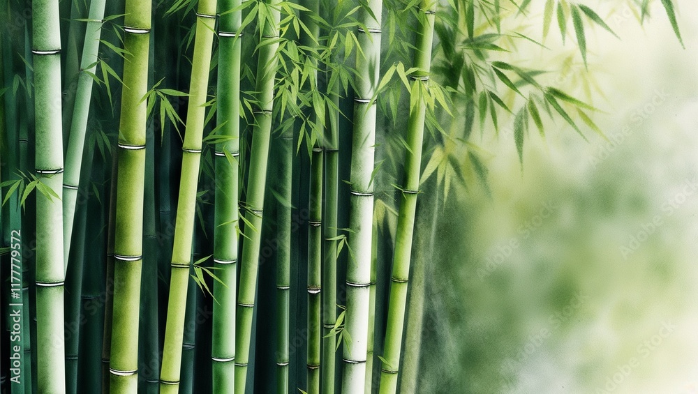 Obraz premium Bamboo forest with tall green stalks and soft light