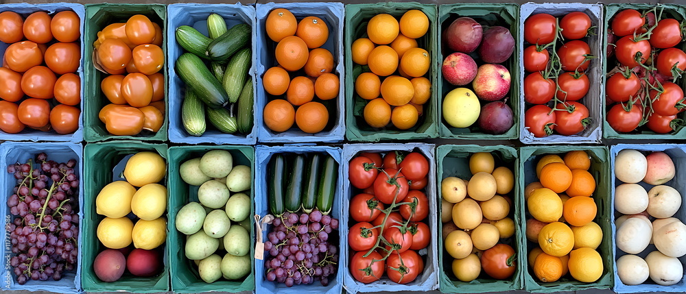 A photostock image of a vibrant marketplace with fresh fruits and vegetables displayed in colorful baskets A photostock image of a vibrant marketplace with fresh fruits and vegetables displayed in colorful baskets