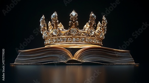 Golden crown on open book, dark background, royalty concept, ideal for leadership themes. photo