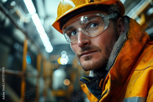 Focused worker in safety gear, captured in an industrial environment, showcasing dedication and professionalism. photo