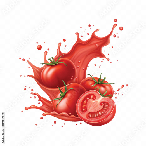abstract 3d Splashes of tomato ketchup or red liquid tomato juice isolated on white background