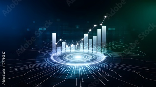A futuristic business background featuring a glowing circular hub at the center, radiating digital lines outward like a network. Floating bar graphs and line charts rise from the surface, symbolizing 