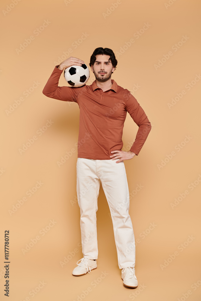 Fototapeta premium Handsome young man posing confidently with a soccer ball in a vibrant studio setting