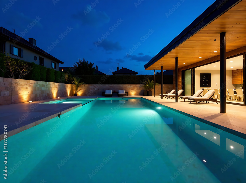 Fototapeta premium Modern Swimming Pool Construction with Blue Logo in Low Light Photography new image