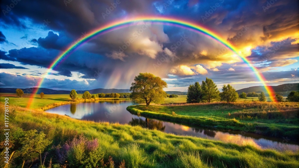 Fototapeta premium A Background photo of a whimsical meadow with a rainbow fluffy clouds. 