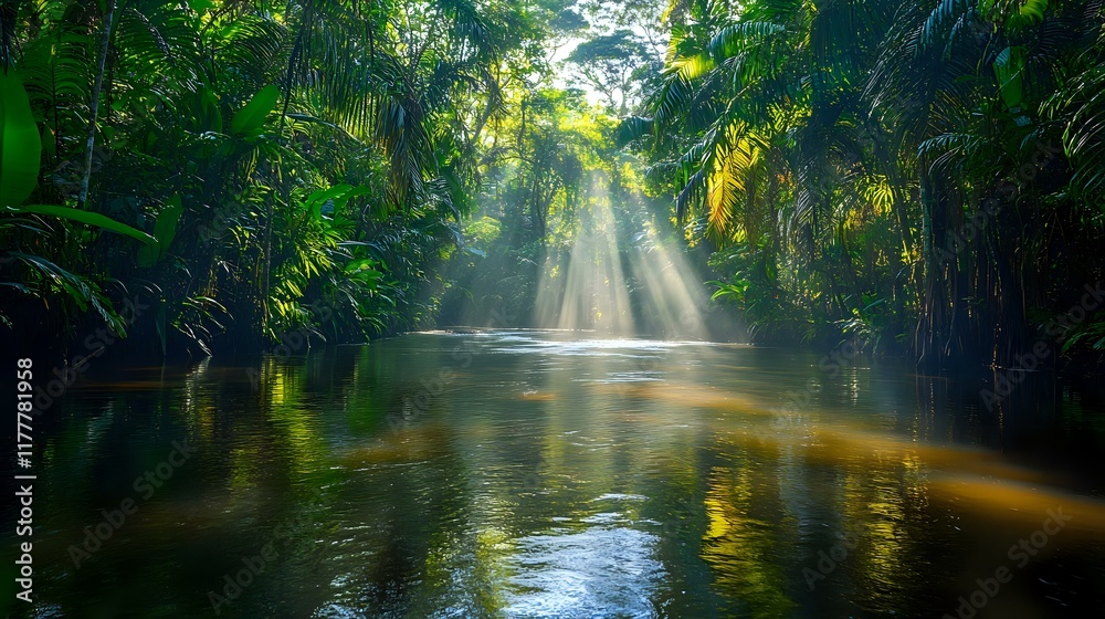 Calm river flowing through a dense forest with sunlight filtering through the trees