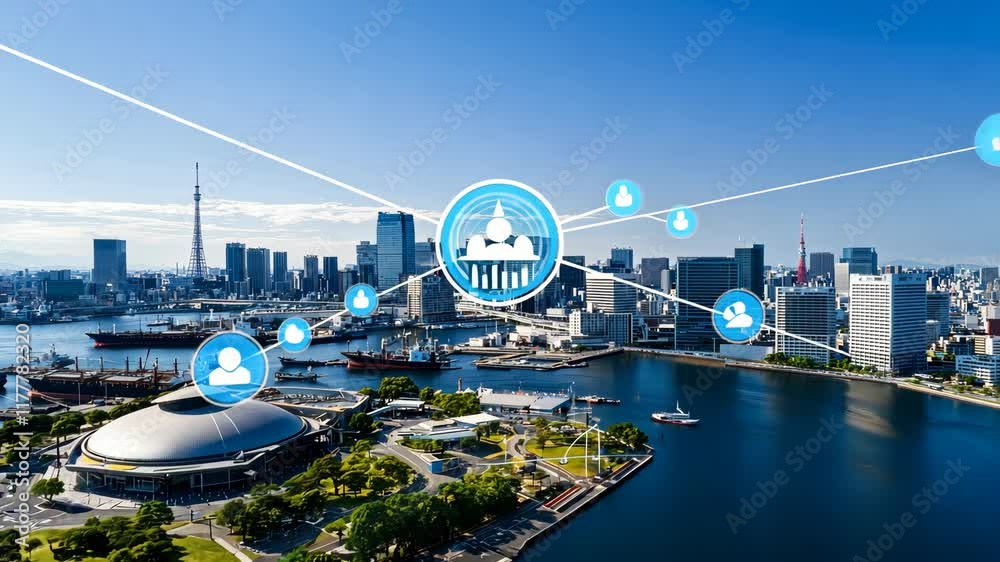 Stunning Aerial View of a Modern Cityscape with Network Connections and Harbor Activity Stunning Aerial View of a Modern Cityscape with Network Connections and Harbor Activity