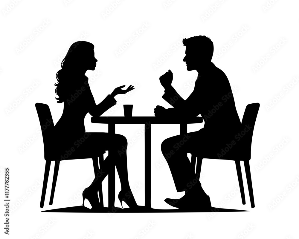 Scene should include two figures seated across from each other at table, engaged in discussion. Clipart image isolated on white background Scene should include two figures seated across from each other at table, engaged in discussion. Clipart image isolated on white background