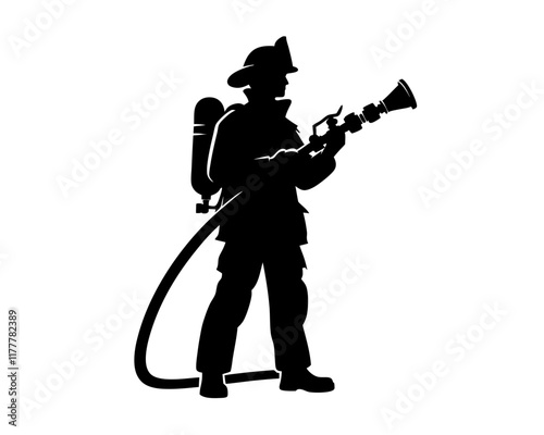Siilhouette of firefighter wearing protective gear, including helmet and breathing apparatus on their back. The firefighter is holding fire hose. Clipart image isolated on white background 