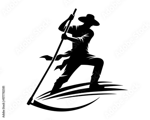  Farmer silhouette , actively using or holding scythe. Clipart image isolated on white background 